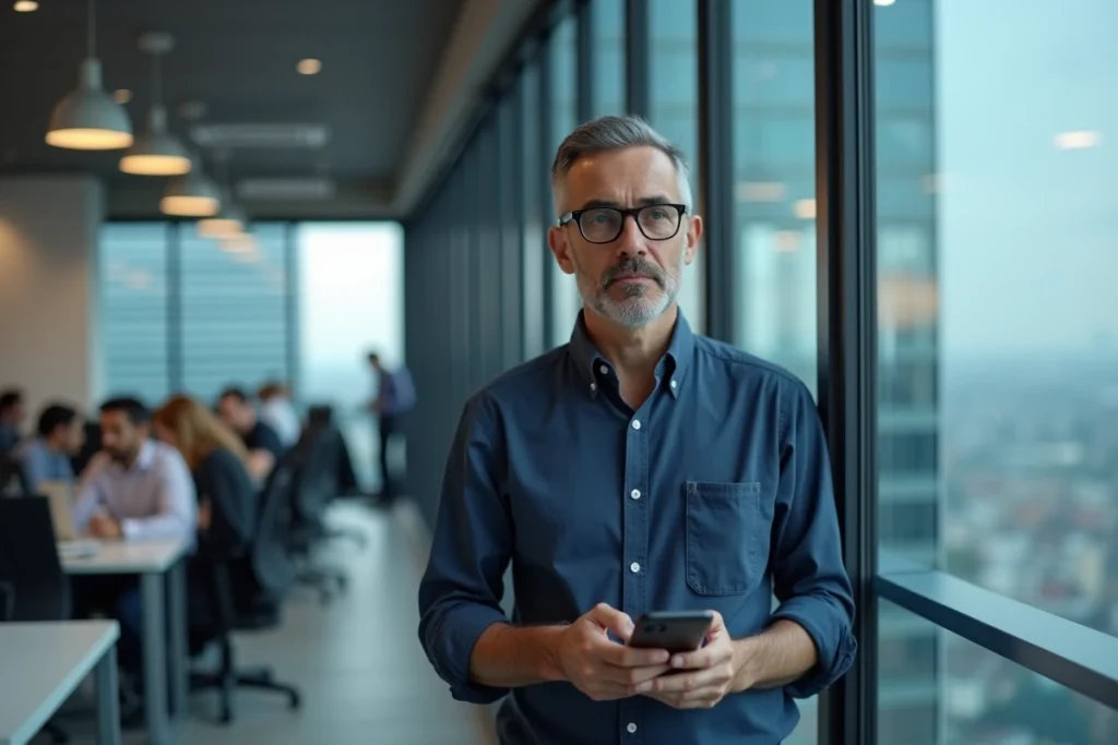 Homme vérifiant l'authentification à deux facteurs sur son smartphone dans un bureau professionnel