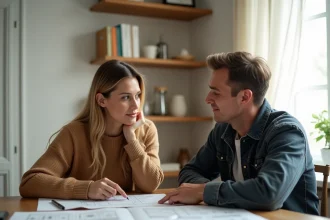 Frère et sœur assis autour d'une table discutant de documents relatifs à une maison en indivision