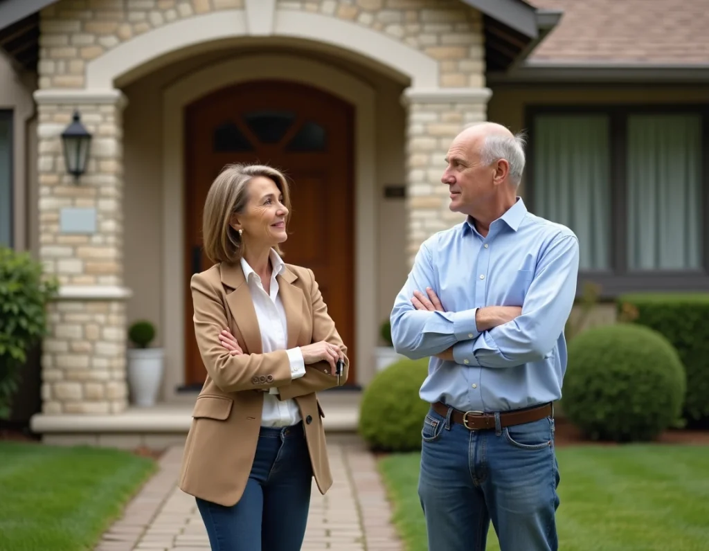 Frère et sœur devant une maison familiale en indivision tenant des clés et contemplant la propriété
