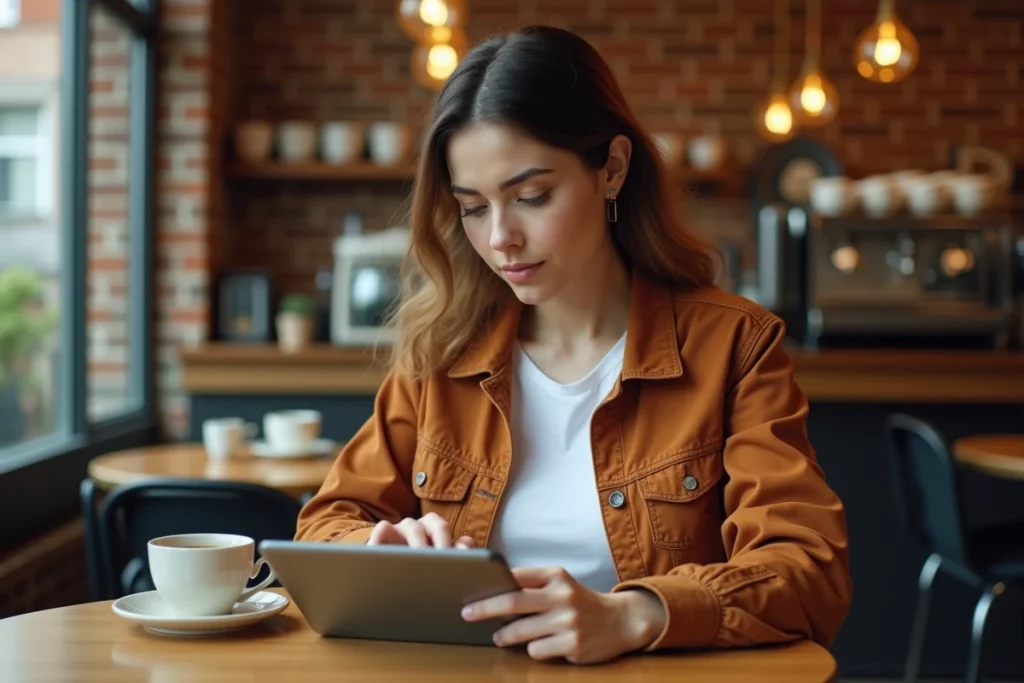 Jeune femme gérant la sécurité de son compte en ligne sur une tablette dans un café