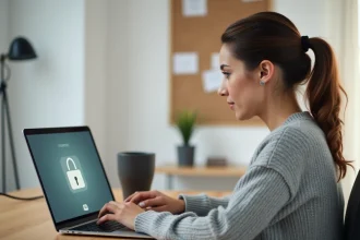 Femme sécurisant son compte en ligne sur un ordinateur portable dans un bureau à domicile