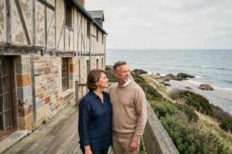 Couple devant une maison normande en pierre avec vue sur la mer, envisageant un achat immobilier en bord de mer en Normandie