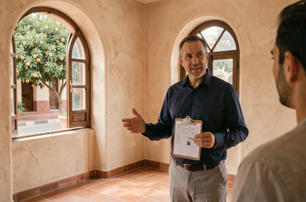 Agent immobilier présentant un appartement à vendre à Guéliz avec architecture typique marrakchie