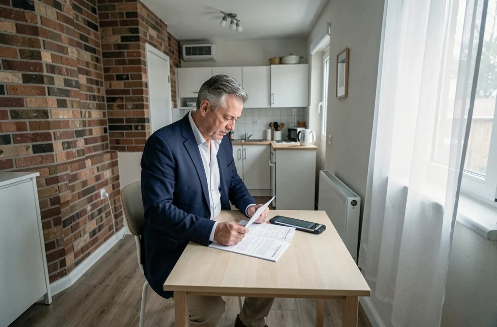 Agent immobilier examinant un contrat de location dans un petit studio parisien