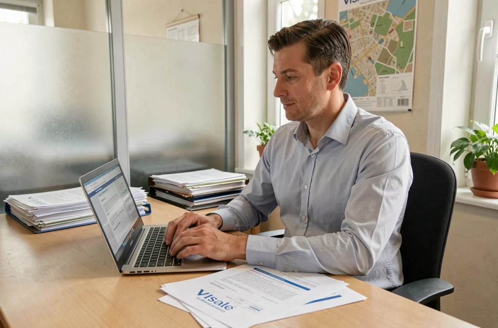 Agent immobilier examinant des documents de garantie Visale et clauses de résiliation de bail en agence