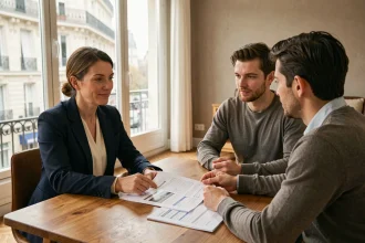 Agent immobilière expliquant les honoraires à la charge du vendeur à un couple lors d'une contre-visite dans un appartement parisien