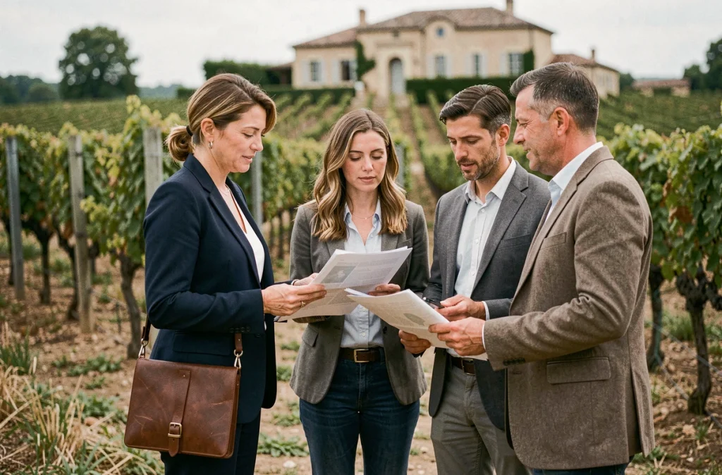 Agent immobilier présentant un vignoble à vendre à Bordeaux à des acheteurs potentiels