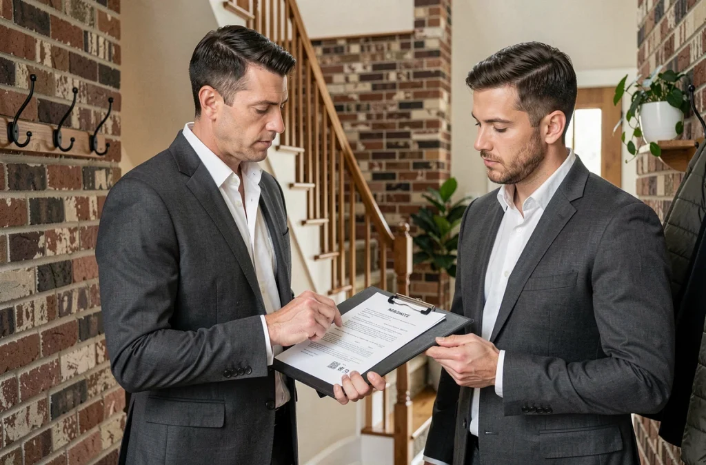 Agent immobilier montrant le mandat de vente et les honoraires à un acheteur lors d'une seconde visite dans une maison rénovée
