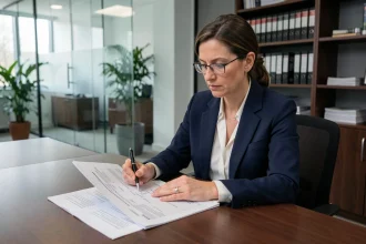 Femme juriste analysant un bail commercial avant signature dans un bureau professionnel moderne