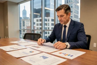 Analyste financier examinant des rapports d'entreprise dans un bureau corporatif moderne pour évaluer la solidité financière d'une société immobilière