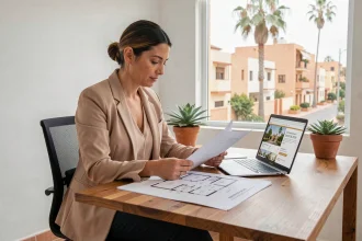 Femme consultant des annonces immobilières pour un appartement à vendre à Guéliz, Marrakech, avec un budget maîtrisé