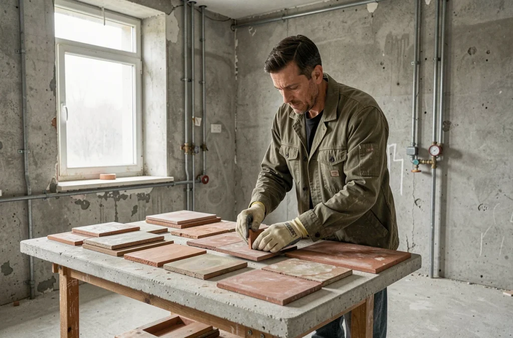 Artisan triant des carreaux en céramique récupérés sur un chantier de rénovation intérieure