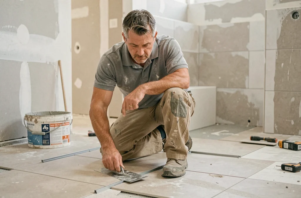 Artisan carreleur posant du carrelage dans une salle de bain en cours de rénovation