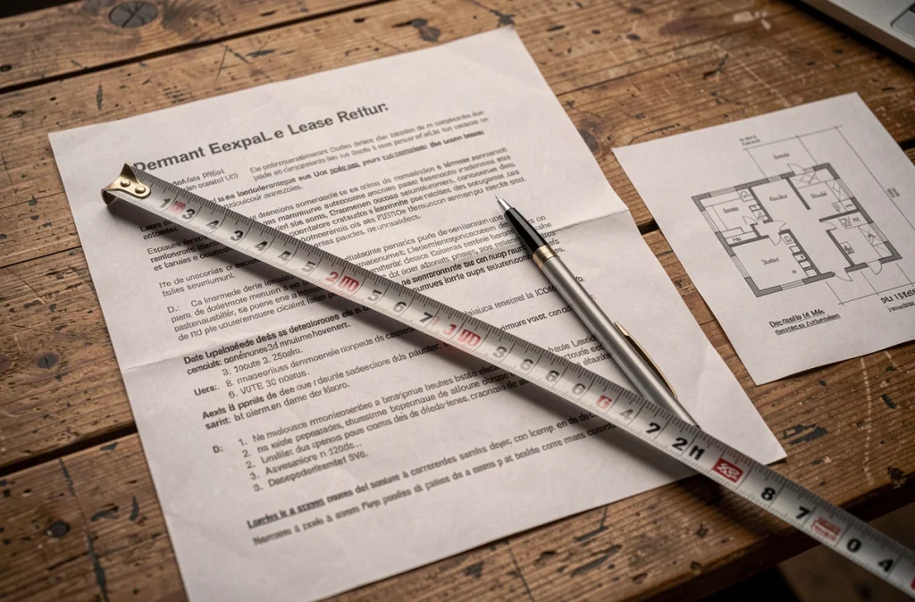 Bail de location avec mètre ruban sur plan de chambre illustrant la surface minimale légale