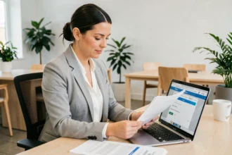 Conseillère Action Logement examinant un dossier de demande d'aide au logement sur ordinateur portable dans un bureau administratif moderne