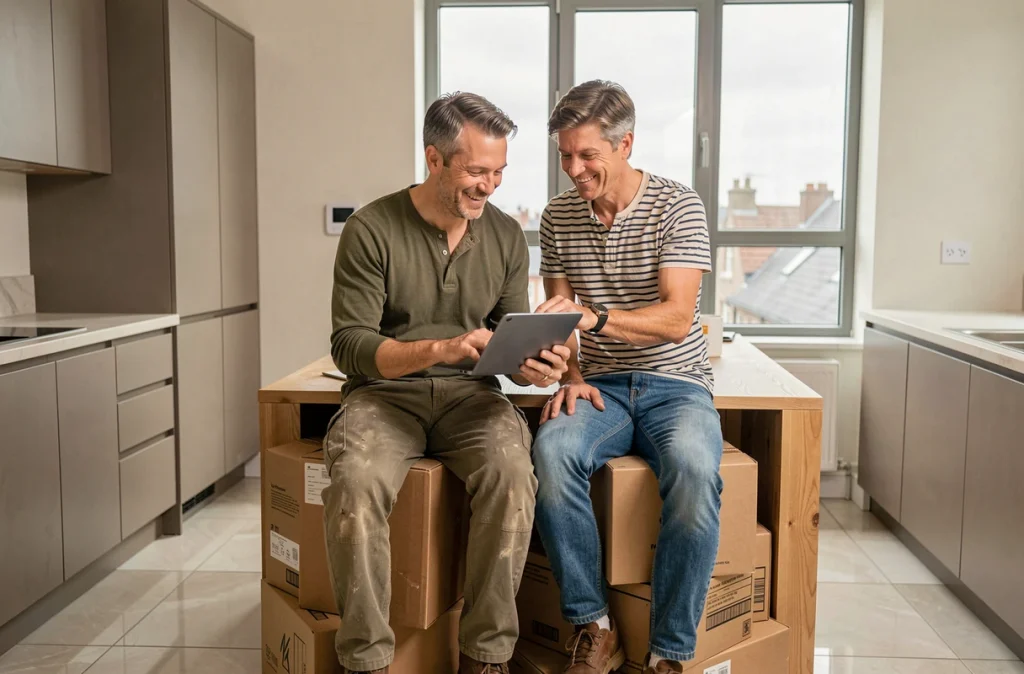 Couple découvrant les fonctionnalités domotiques de leur cuisine rénovée sur une application connectée