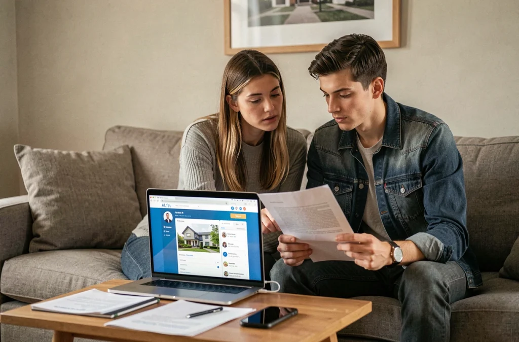 Couple consultant la plateforme AL'in en ligne pour une demande de logement social