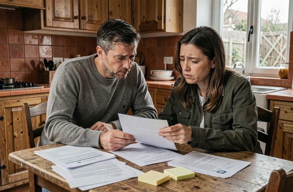 Couple étudiant un contrat de donation immobilière gratuite avec des conditions complexes à une table de cuisine