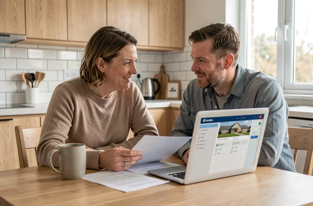 Couple consultant les nouveautés de l'espace My Foncia en ligne depuis leur cuisine en 2026