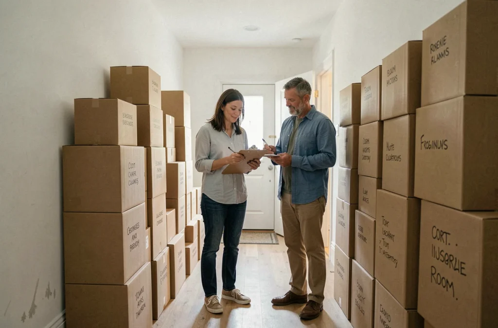 Couple vérifiant l'inventaire de cartons bien organisés dans un couloir d'appartement vide en fin de déménagement
