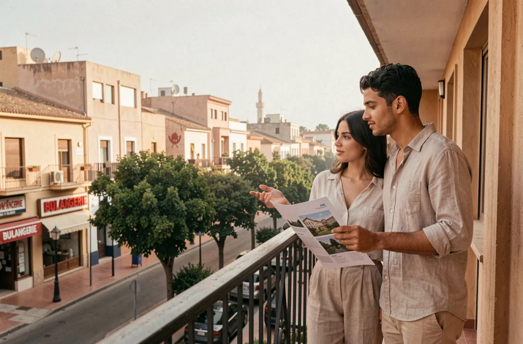 Couple visitant un appartement à vendre à Guéliz avec vue sur le quartier résidentiel de Marrakech
