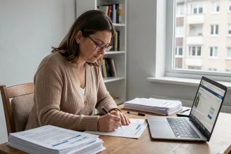 Femme remplissant un dossier de demande de logement social à son bureau à domicile