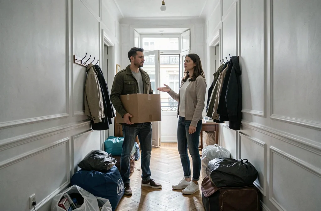 Deux colocataires lors d'un départ anticipé d'appartement, avec cartons et tension liée à la résiliation du bail en colocation