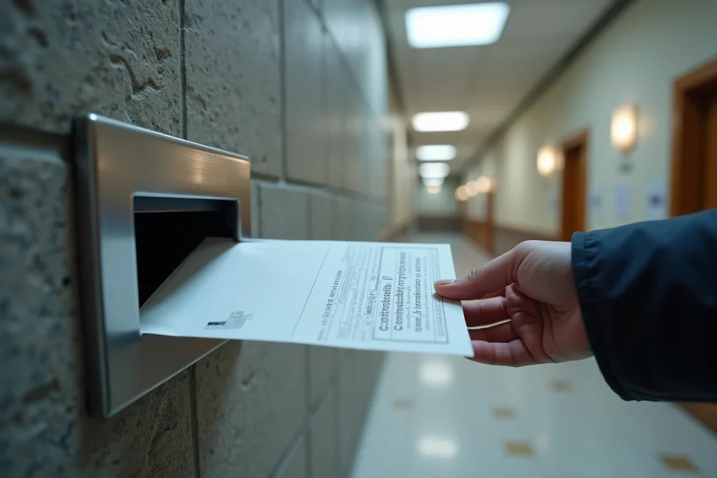 Dépôt d'une enveloppe de consignation de loyer dans une boîte officielle d'un organisme public