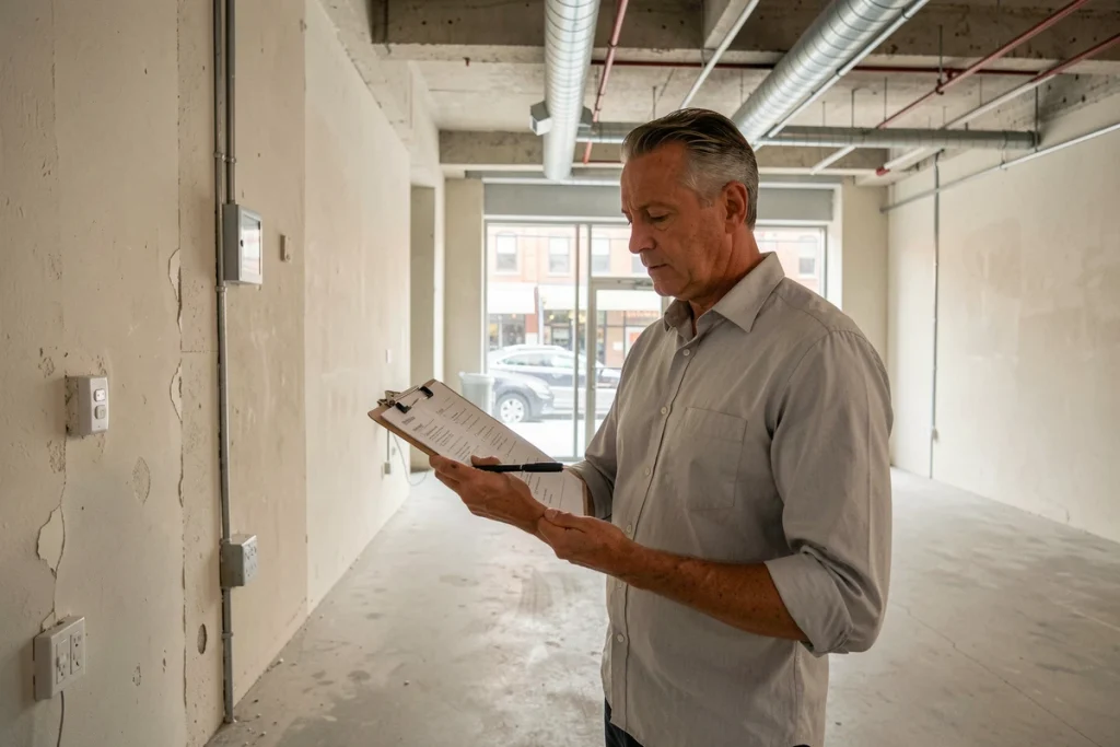 Expert réalisant un état des lieux diagnostique dans un local commercial vide avant signature de bail