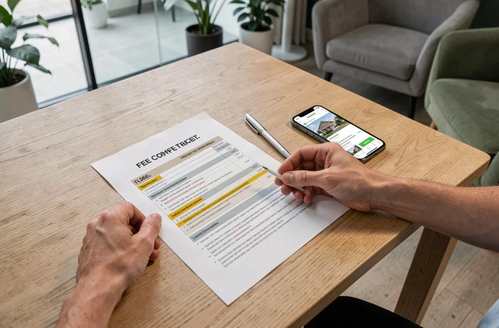 Gros plan sur les documents d'honoraires immobiliers lors d'une contre-visite, mains du vendeur et de l'acheteur autour des papiers sur un bureau en bois