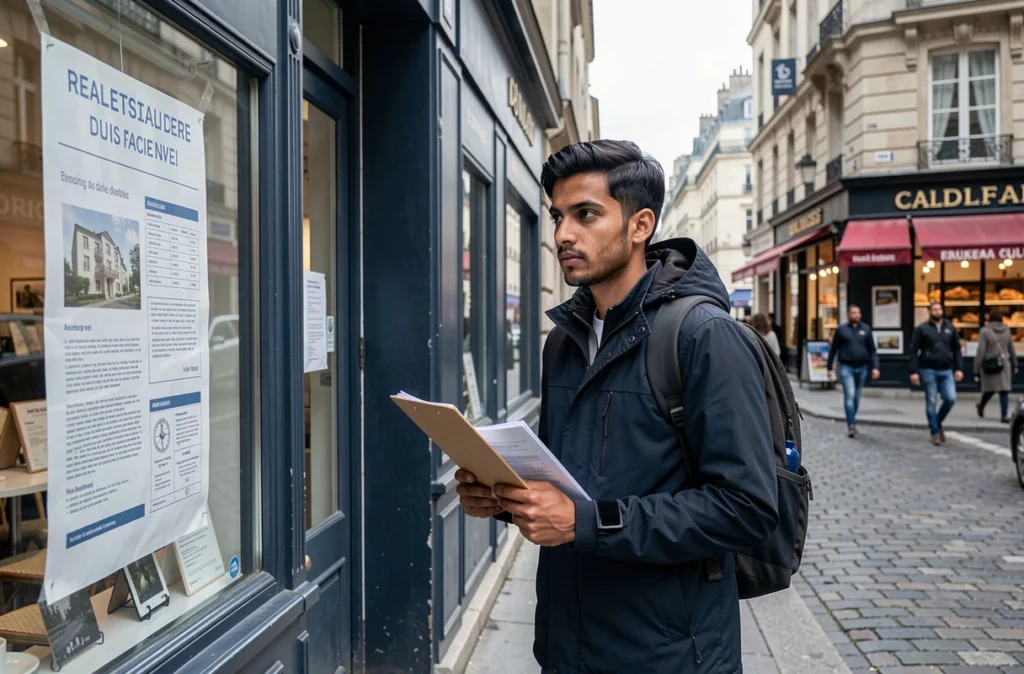 Étudiant étranger devant une agence immobilière française avec des dossiers de dossier de location en main