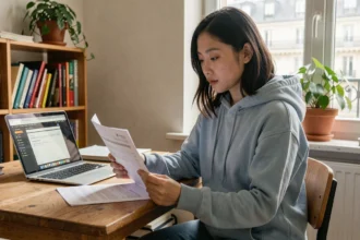 Étudiante étrangère consultant des documents de garantie locative dans son appartement étudiant à Paris