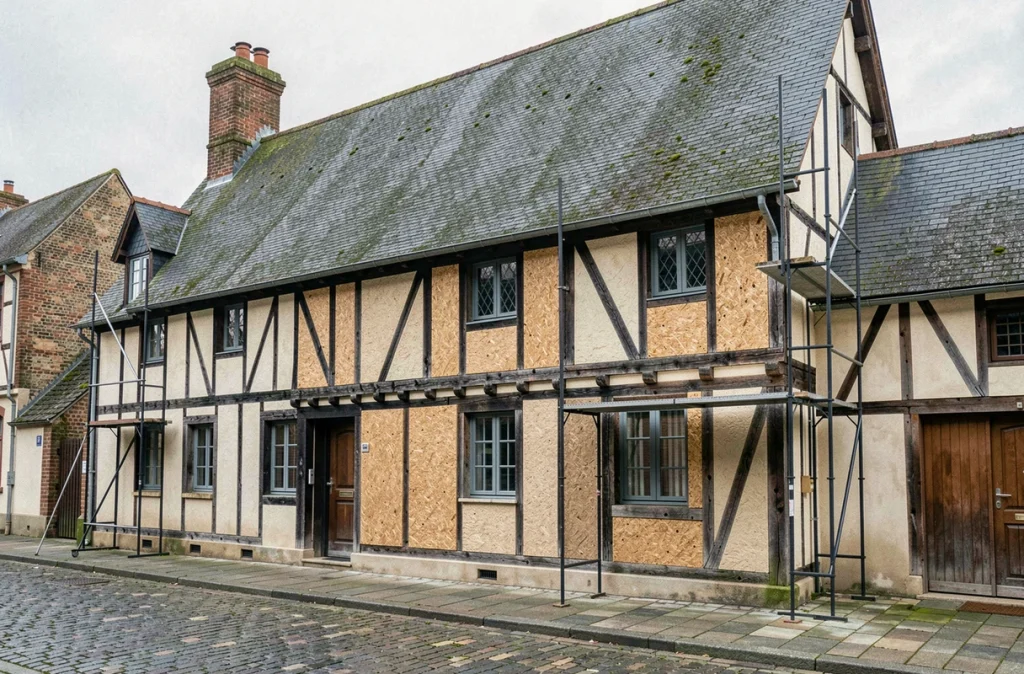 Façade d'une maison à colombages normande avec isolation des panneaux de torchis préservant l'aspect traditionnel d'origine