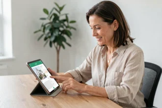 Femme utilisant l'application My Foncia sur tablette pour gérer ses services immobiliers en 2026