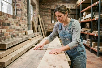 Femme examinant une planche en bois récupéré dans un atelier de rénovation durable