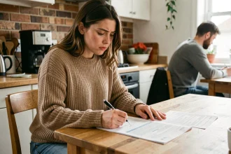 Jeune femme en colocation relisant un contrat de bail Visale avant de signer, inquiète des clauses de résiliation