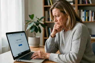Femme frustrée devant un écran d'ordinateur affichant une erreur de connexion sur un espace client en ligne