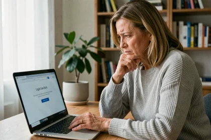 Femme frustrée devant un écran d'ordinateur affichant une erreur de connexion sur un espace client en ligne