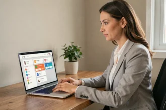Femme utilisant l'espace client MyFoncia sur un ordinateur portable pour configurer les notifications de son tableau de bord