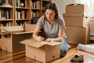 Femme étiquetant des cartons de déménagement dans un salon partiellement emballé