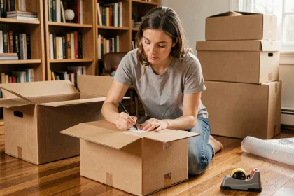 Femme étiquetant des cartons de déménagement dans un salon partiellement emballé