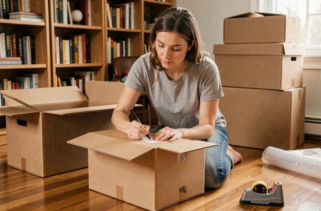 Femme étiquetant des cartons de déménagement dans un salon partiellement emballé