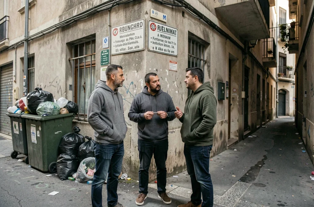 Groupe d'hommes discutant à un carrefour du 9ème arrondissement de Marseille dans un contexte urbain dégradé