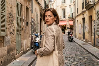 Habitante du 9ème arrondissement de Marseille marchant prudemment dans une rue étroite aux façades dégradées