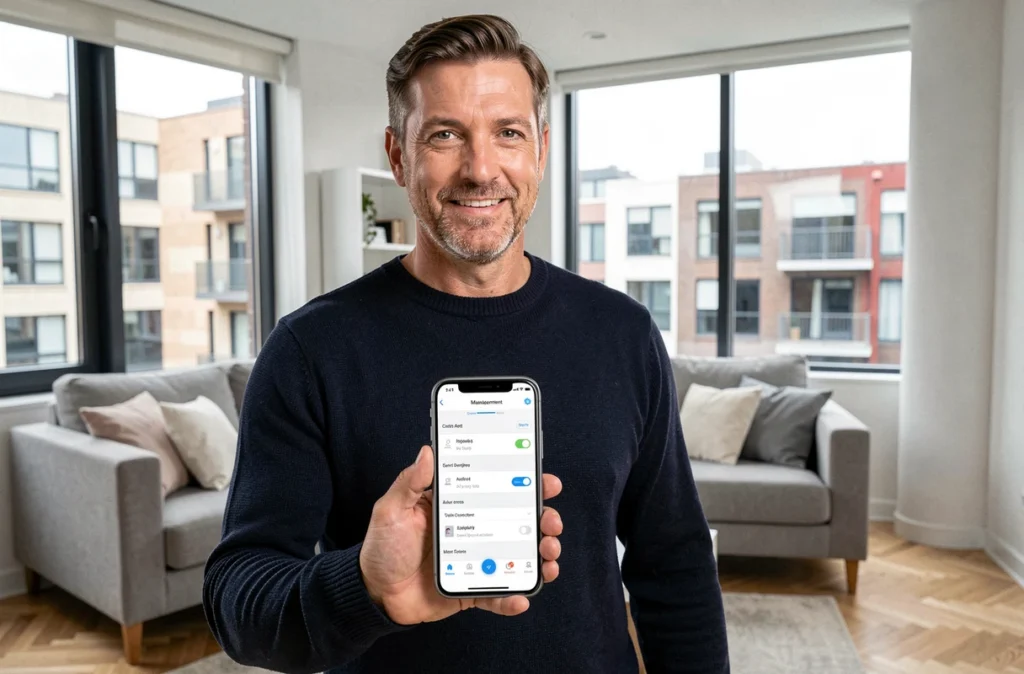 Homme consultant l'application MyFoncia sur smartphone pour gérer les alertes et les paramètres de son compte locataire
