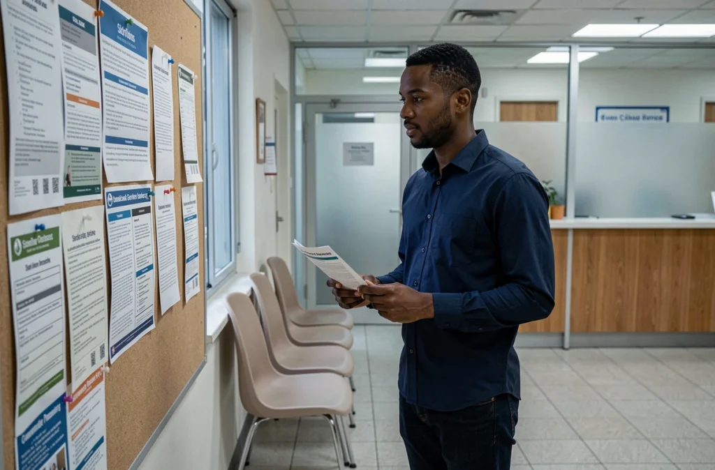 Jeune homme consultant un panneau d'information sur les aides au logement Action Logement dans une agence de service public