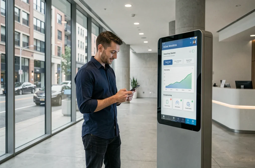 Homme consultant l'espace locataire My Foncia sur smartphone dans le hall d'un immeuble moderne