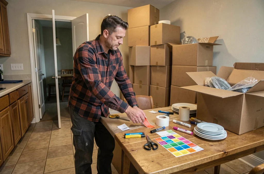 Homme organisant des étiquettes et fournitures d'emballage sur une table de cuisine lors d'un déménagement