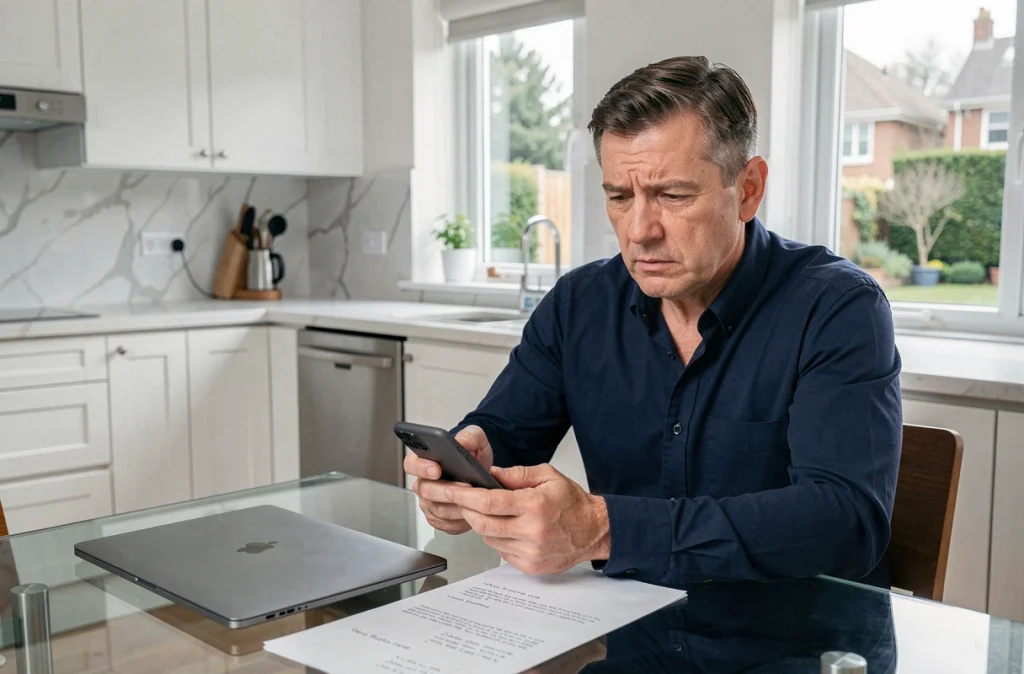 Homme d'âge mûr consultant son smartphone pour résoudre un problème de connexion à son espace client de copropriété