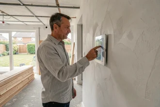 Homme installant un panneau domotique tactile dans un salon en cours de rénovation complète